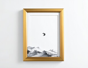 Gold framed picture of snowy mountains and tiny dark shape on white background