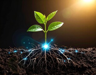 A vibrant seedling sprouts, lit from below with digital light, against a dark backdrop