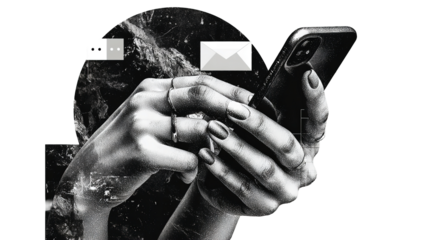 Abstract monochrome depiction of hands using a modern phone with messaging icons