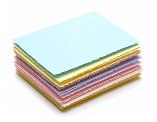 Stack of colorful, textured paper rectangles with scalloped edges, angled up