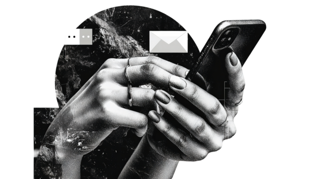 Abstract monochrome depiction of hands using a modern phone with messaging icons
