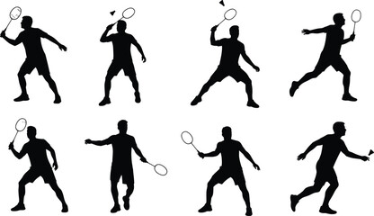 Badminton player silhouette, black vector illustration, racket swing pose, shuttlecock action, dynamic movement, isolated icon, athletic gesture, sports posture