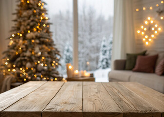 christmas tree on a wooden table for product and christmas card, invitation.
