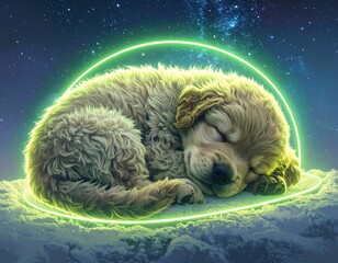 Puppy sleeping under starry sky dome