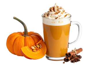 An inviting pumpkin spice latte with pumpkin and spices on a black background