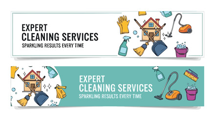 Two banners advertising expert cleaning services, showcasing various cleaning tools and a house illustration.