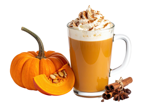 An inviting pumpkin spice latte with pumpkin and spices on a black background