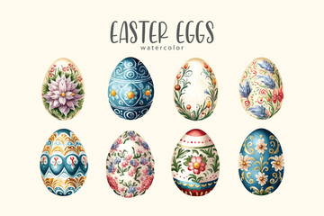 Easter eggs set collection watercolor vector on isolated background. Perfect for holiday design, spring decorations, festive greeting cards, DIY crafts, and seasonal creative projects.