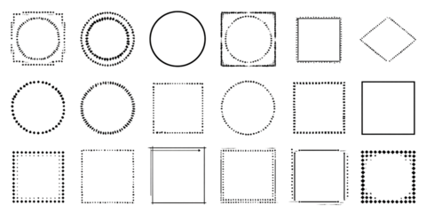 Collection of geometric shapes, including circles, squares, and diamonds, isolated on black background Concept of design elements, borders, and decorative frames