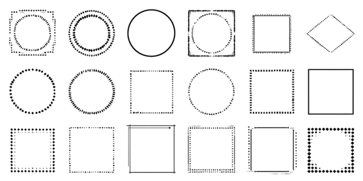 Collection of geometric shapes, including circles, squares, and diamonds, isolated on black background Concept of design elements, borders, and decorative frames