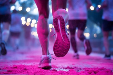 A vibrant color run captures the essence of fitness, community, and fun with a focus on the soles of running shoes and legs in a group setting.