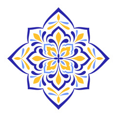 Mediterranean blue yellow floral motif on white background. Ethnic mosaic design for ceramic tile. Traditional Portuguese, Moroccan, Spanish ornament. Vector illustration © Vodoleyka