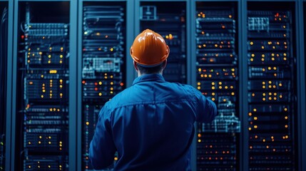 A technician in an orange hard hat works on a server rack filled with blinking lights, managing data and technology in a modern data center.
