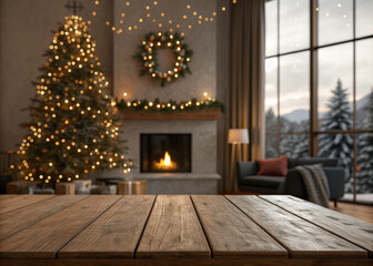 christmas tree on a wooden table for product and christmas card, invitation.
