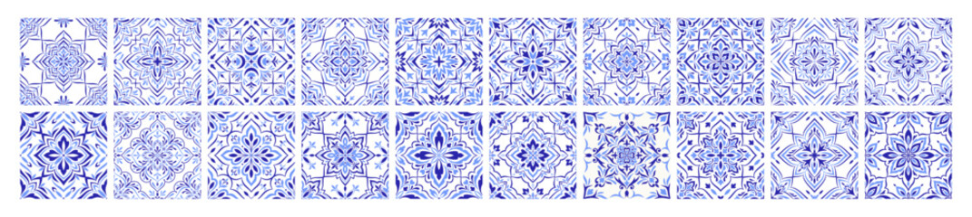 Mediterranean ceramic tile set, border. Blue seamless patterns, no background. Spanish, Sicilian, Portuguese, Italian folk traditional ornaments. Floral ethnic motifs, mosaic design prints. Vector