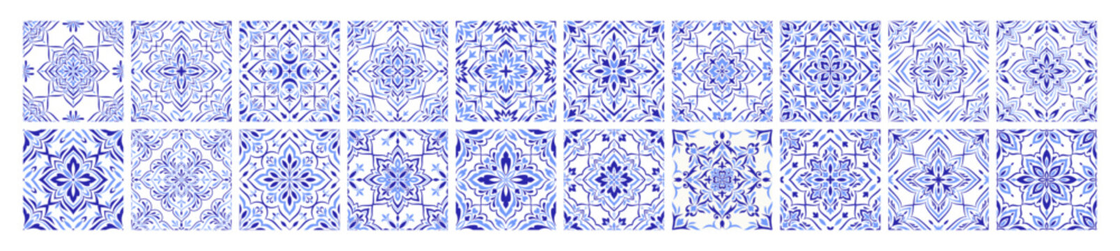 Mediterranean ceramic tile set, border. Blue seamless patterns, no background. Spanish, Sicilian, Portuguese, Italian folk traditional ornaments. Floral ethnic motifs, mosaic design prints. Vector
