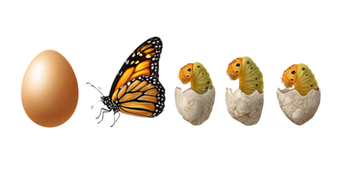 Monarch butterfly life cycle stages, from egg to caterpillar hatching and butterfly emerging, illustrating transformation and metamorphosis