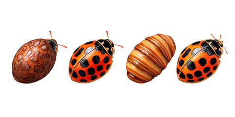 Fototapeta premium Ladybug Life Cycle Stages, from Pupa to Adult, showcasing metamorphosis and transformation in nature, isolated on black background