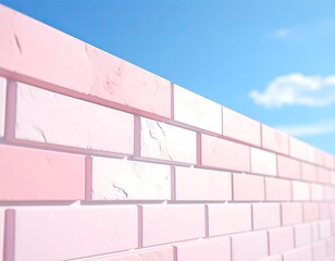 Pink brick wall in sharp focus against blue sky and a wisp of cloud