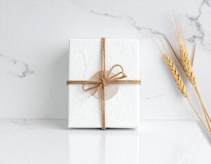 A white textured box tied with twine and a neutral circular tag sits on a marble surface