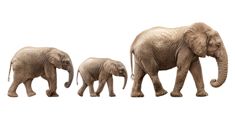 Obraz premium African elephant family walking in a row, mother and two calves isolated on black background Concept of wildlife, conservation, and animal family