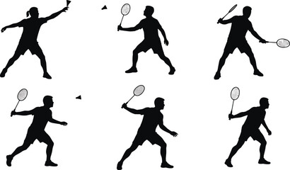 Badminton player silhouette, black vector illustration, racket swing pose, shuttlecock action, dynamic movement, isolated icon, athletic gesture, sports posture