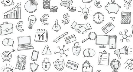 Hand-drawn seamless pattern of various business, finance, and technology icons on a white background.