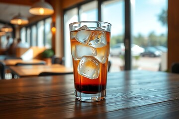 Generative AI iced beverage refreshing delight on a wooden table.