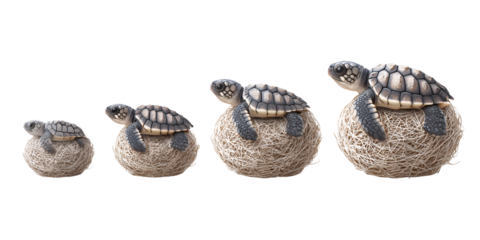 Four adorable baby sea turtles in different sizes sitting on a nest, concept of growth, evolution, and wildlife conservation
