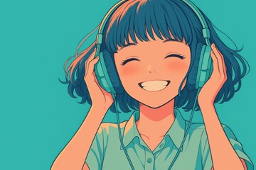 笑顔でヘッドホンを装着した青い髪の女性のイラスト