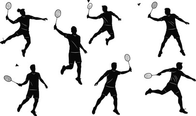 Badminton player silhouette, black vector illustration, racket swing pose, shuttlecock action, sports movement, isolated icon, dynamic posture, athletic gesture