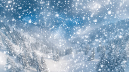 Obraz premium Winter landscape with soft snowflakes falling amidst evergreen trees under a tranquil sky