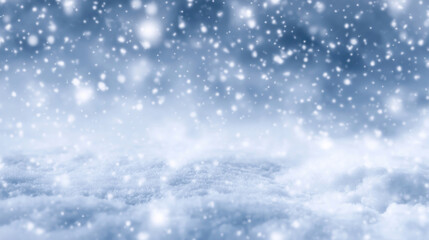 Fototapeta premium Beautiful winter landscape with soft blurred snowflakes falling gently on a serene background