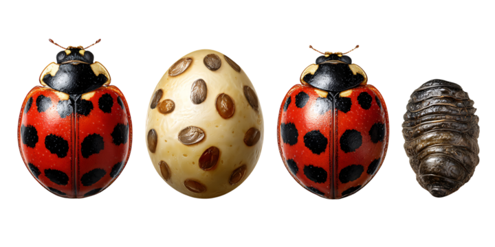 Ladybug Life Cycle Stages: Two Adult Ladybugs, Egg, and Pupa on Black Background Macro Photography of Insect Development and Metamorphosis