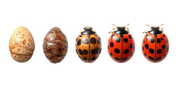Ladybug life cycle stages, from egg to pupa to adult ladybug, showcasing complete metamorphosis and transformation on a black background