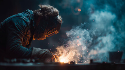 Worker with protective mask welding metal in workshop