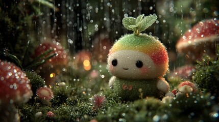 Cute kawaii character with a clover sprout on its head stands in a whimsical forest surrounded by mushrooms