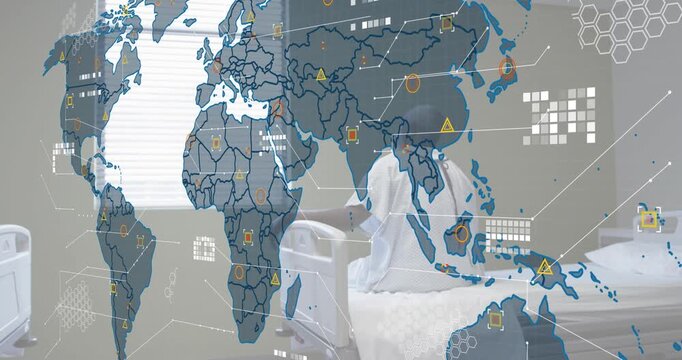 patient gripping bed rail initiating health mapping overlay with animated nodes linking global risk
