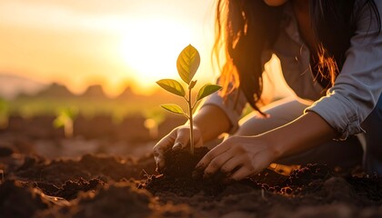 Woman Planting Seedling at Sunset - Symbol of Growth, Hope, and Environmental Stewardship.
