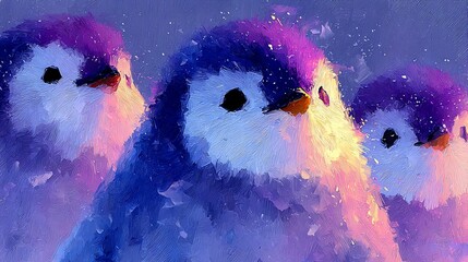 Cute cartoon penguin trio in blues and purples against a blurred, snowy background