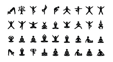 A collection of diverse yoga poses and meditation figures depicted in a simple black and white silhouette style.