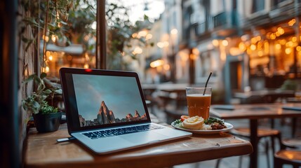 Laptop and meal on a cafe table with a blurred background of a European street.