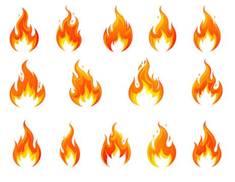 A collection of stylized orange and yellow flame sprites on a stark black background