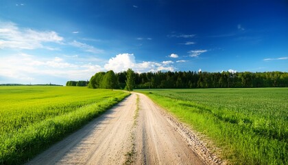 Fototapeta premium Long Country Road In A Summer Green Field A Forest Is Visible In The Distance Beautiful Blue Sky Spring Landscape