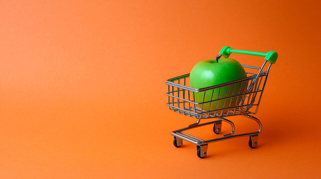 Green apple in a small shopping cart on vibrant orange background, symbolizing healthy food choices, grocery shopping and nutrition concept