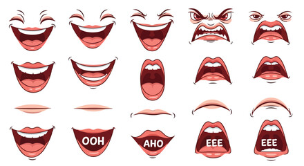 A collection of cartoon mouths showing various expressions and phonemes for animation.