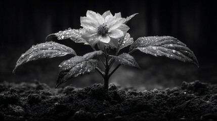 Delicate flower blooms from soil, its petals and leaves glistening with water droplets in monochrome