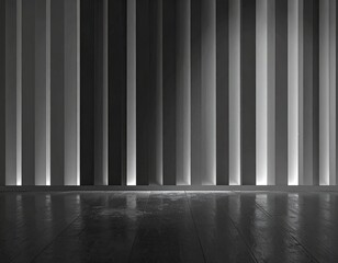 Vertical textured wall with alternating light and dark stripes, mirrored floor