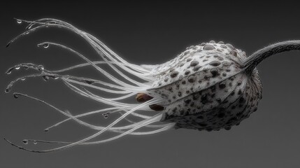 Delicate seed pod bursts forth, slender filaments adorned with droplets, against soft grey backdrop