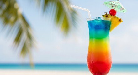 Obraz premium Tropical Rainbow Cocktail on Beach: Refreshing Drink with Pineapple and Cherry